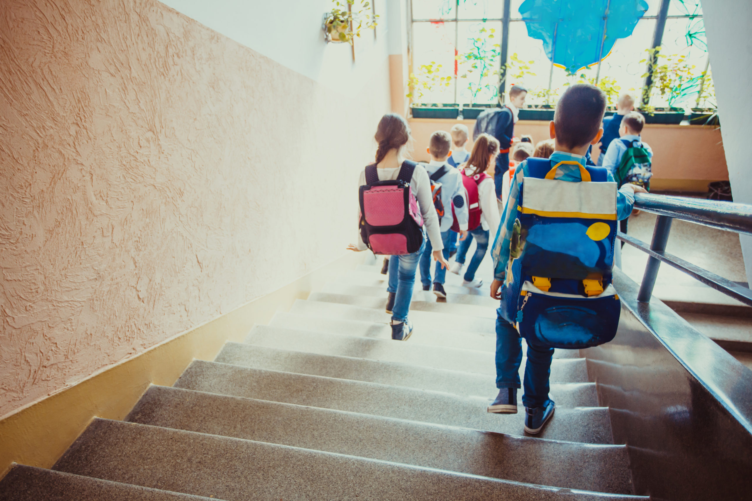 Children walking down the stairs in a school showing the importance of school safety