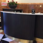 New finish applied to a desk, before and after photos of the installation by NGS.